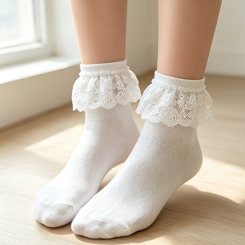 TEMU 1-pair Women' Breathable Hollow-out Lace Trim Mid-calf Socks - Plain Suitable For Home & Outdoor Wear, Spring Summer Soft Versatile Suitable For