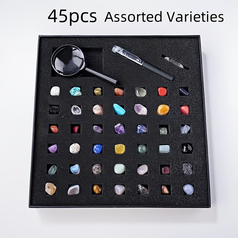 Image of Natural Crystal Random Label Gift Box Set, Containing 43 Mineral Specimens+2 (magnifying Glass, Pen), Suitable For Beginners To Mineral Specimen Sets, Holiday Gift Boxes, Birthday Gifts
