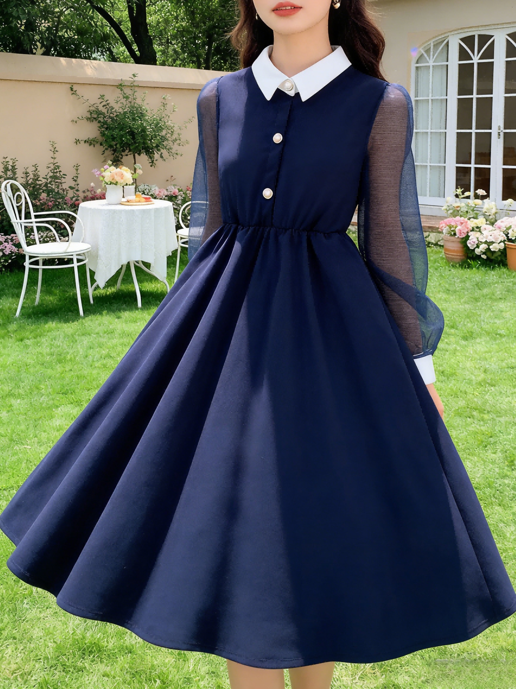 blue dress xxs Western '80s Royal Blue Dress with Pleated Black Trim & Pearl Accent –  Spacedust main image 1