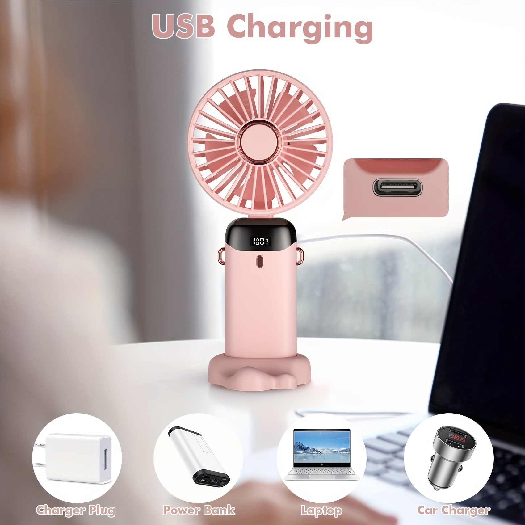 Ultra-Quiet Portable Handheld Fan with LED Display - Rechargeable, 90° Adjustable, USB Powered Mini Fan for Indoor & Outdoor Use, Perfect for Office, Bedroom, Travel & Camping, Base, Battery-powered, Desktop Fan details 3