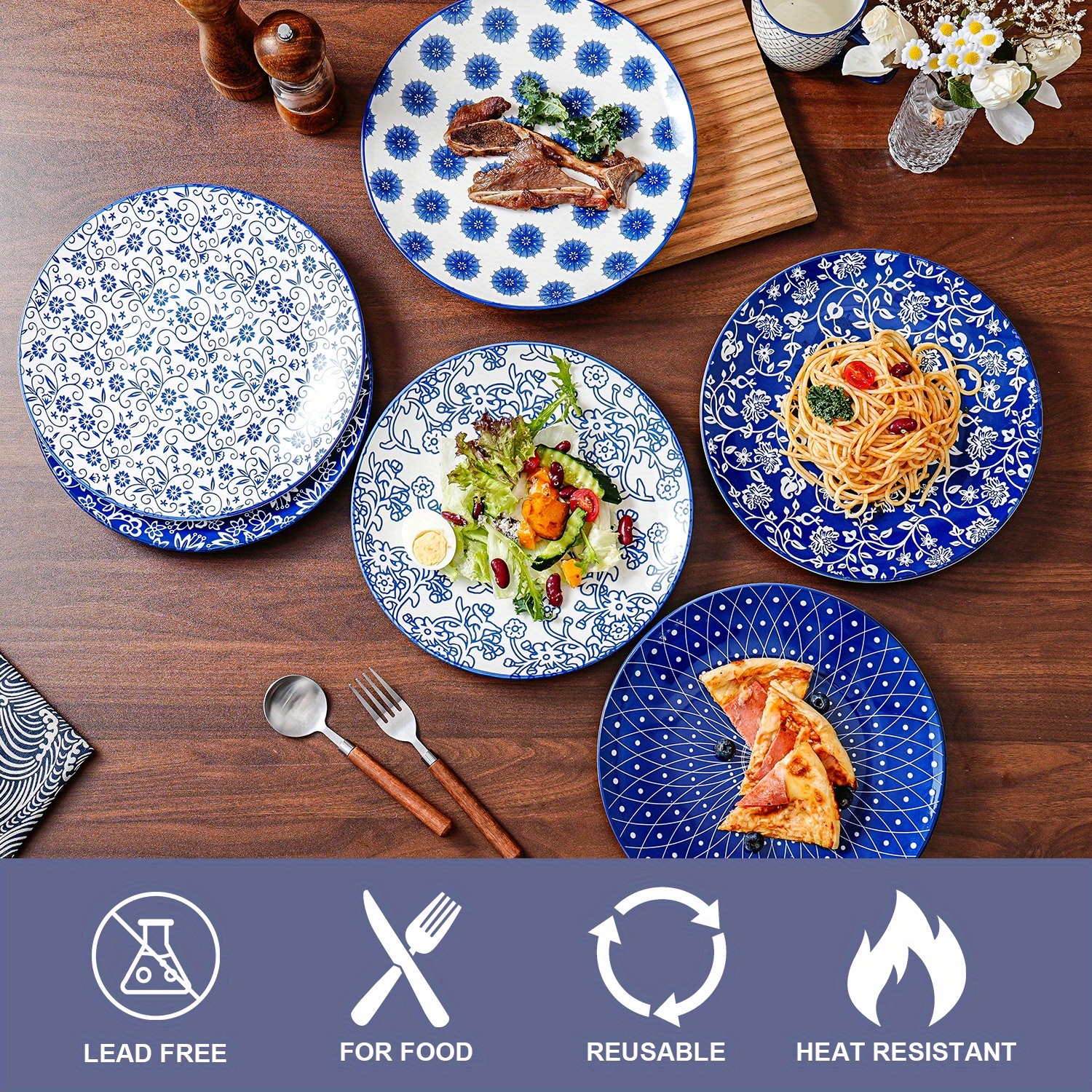 TEMU Ensemble de 6 assiettes de table en céramique de 10,5 pouces - Assiettes de service en porcelaine bleue et blanche, idéales pour steak, pâtes,