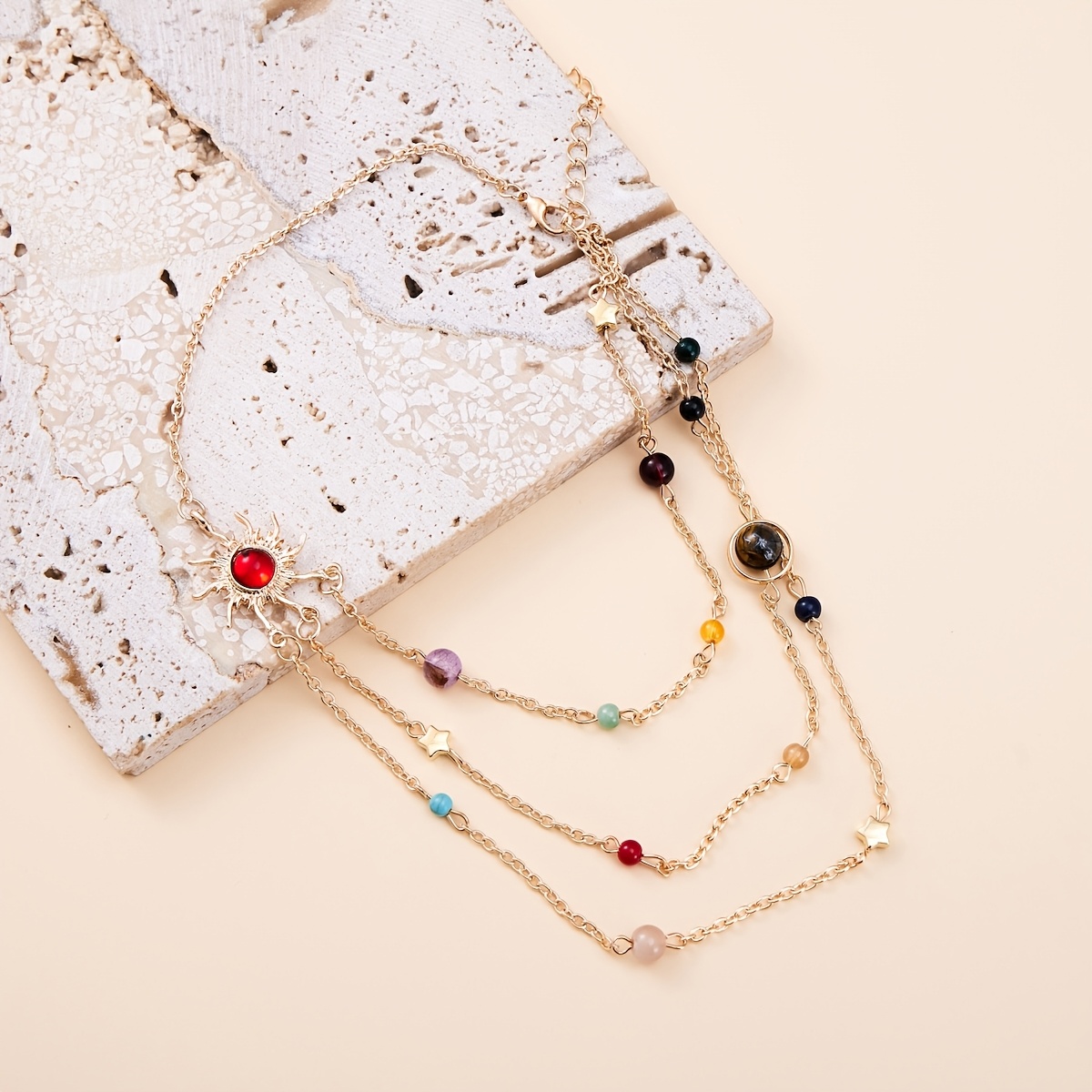 TEMU Retro Bohemian Style Glossy Relief And Star Shaped Pendant Necklace Beaded Stackable Women's Neck Chain Daily Vacation Travel Gift