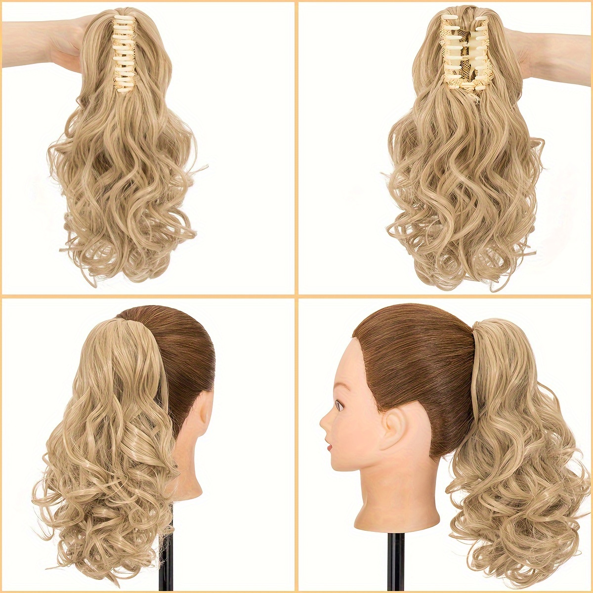   14 ponytail extensions claw short thick wavy curly claw clip in pony tails hairpiece soft natural looking synthetic hairpiece for women medium blonde with white blonde highlights for halloween gift details 6