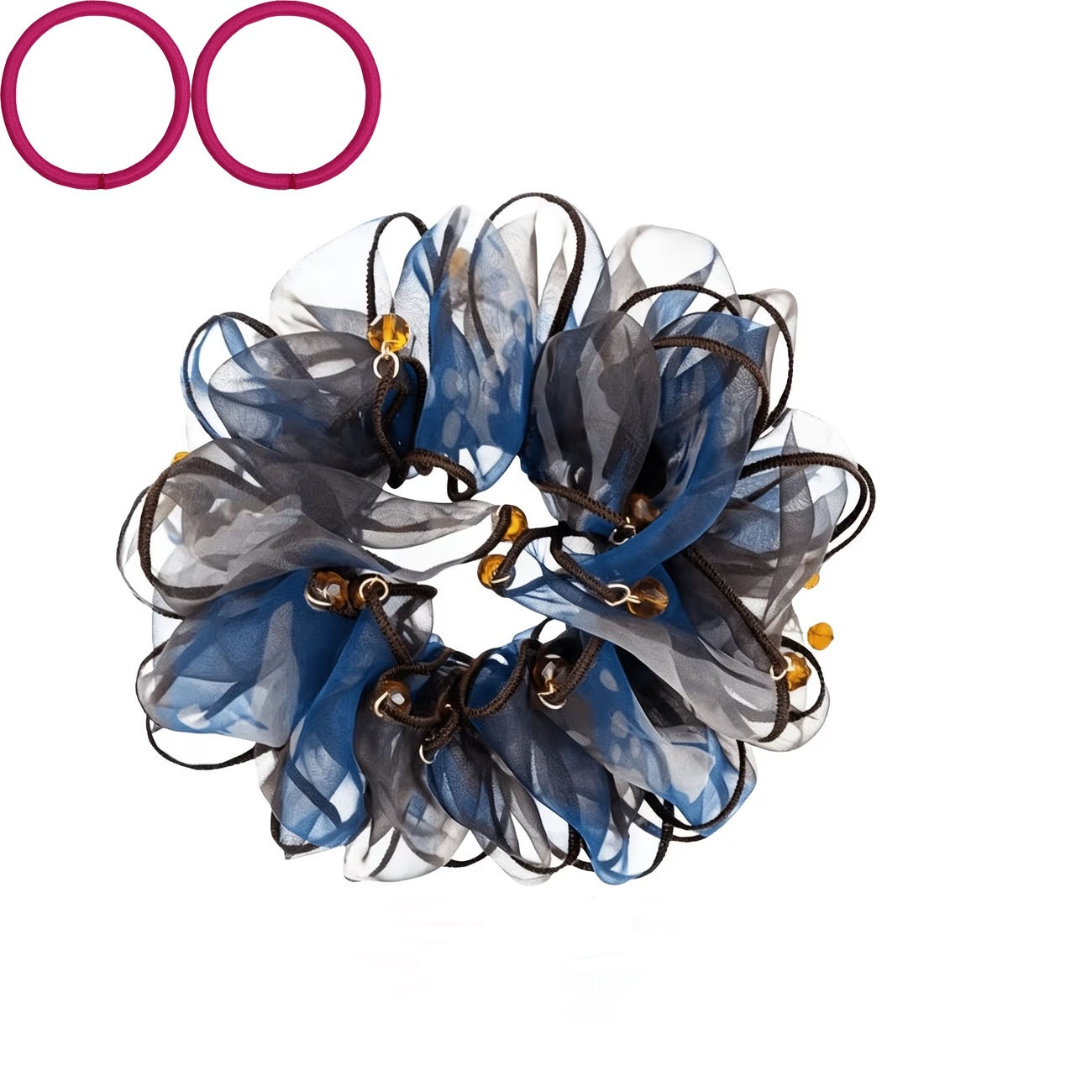 TEMU 3pcs Set: 1 Floral Ponytail Holder + 2 Hair Ties - Elegant Organza Hair Tie Set - Beaded Floral Ponytail Holder, Women's Large Soft Mesh Hair