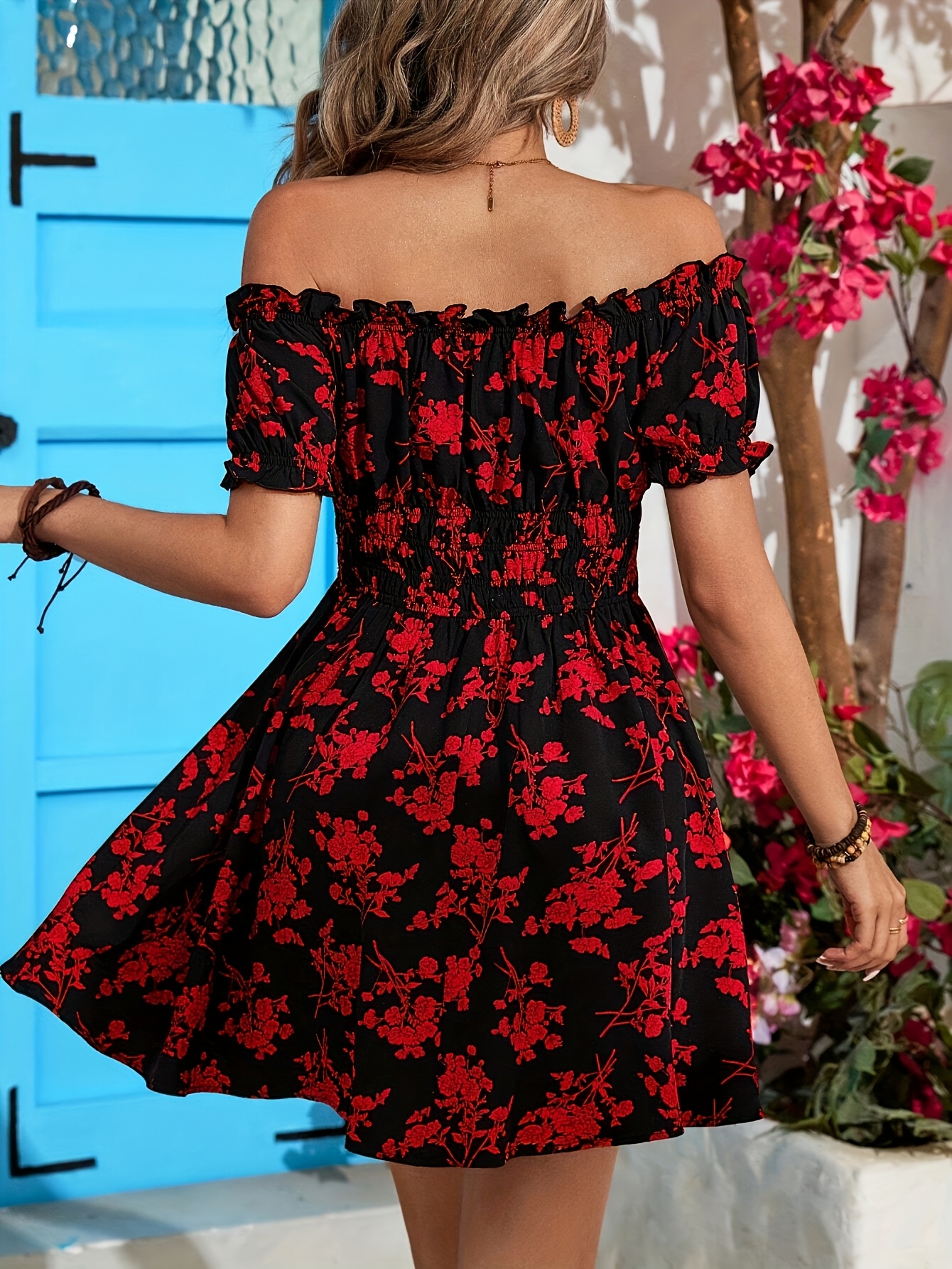 robe à imprimé floral femmes noir fleurs rouges manches Temu
