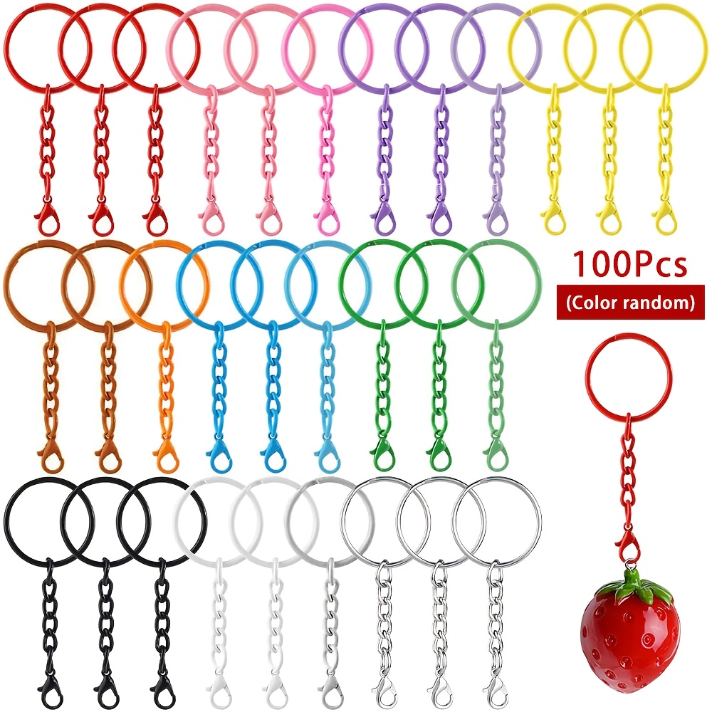 TEMU Lot de 100 anneaux de porte-clés colorés avec chaînes et mousquetons, accessoires de porte-clés en fer à faire soi-même pour loisirs créatifs,