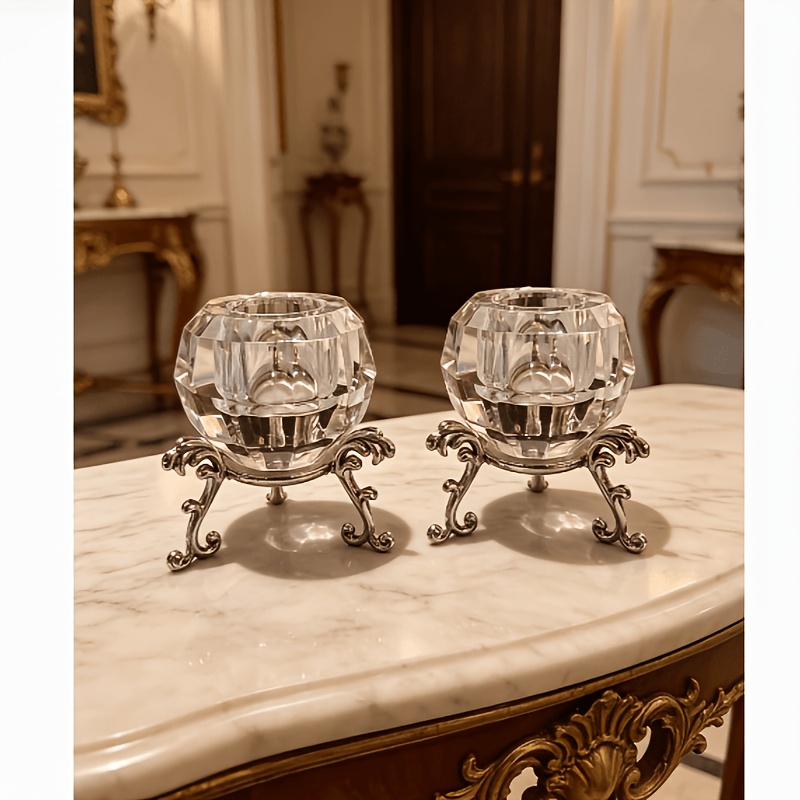 TEMU European-style Retro Crystal Candlestick 2pcs Set Silvery Carved Tripod Base Light Luxury Romantic Tea Wax Decorative Ornaments