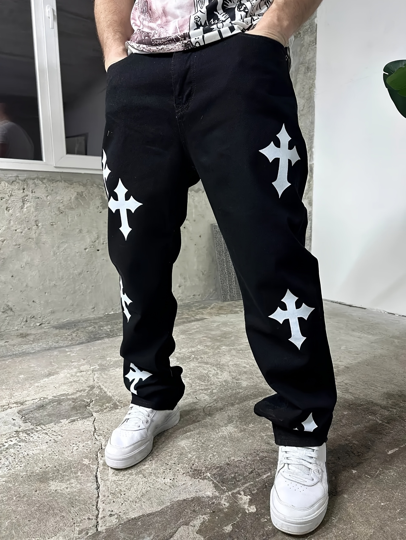 mens streetwear graphic print straight leg jeans loose fit Temu