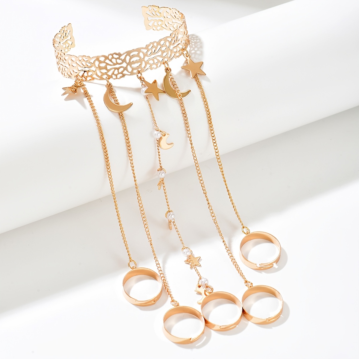Star-and-Moon Tassel Bracelet Set with Ring and Pendant