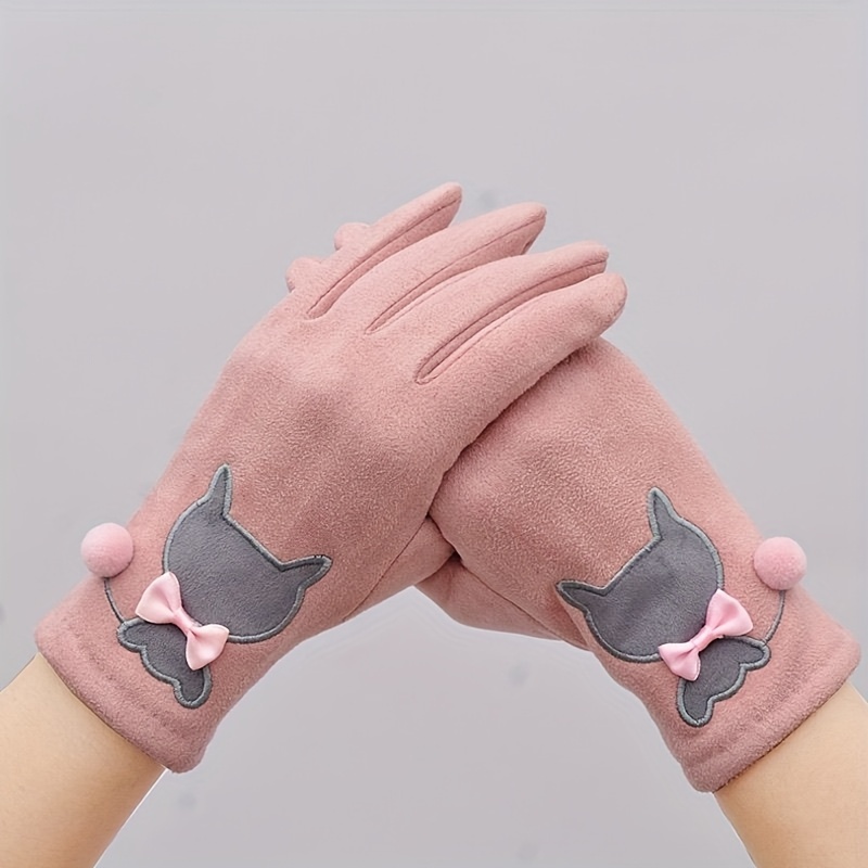 TEMU A Pair Of Women's Warm Winter -lined Stretch Gloves With Fashionable Kitten Design, Touchscreen Compatible
