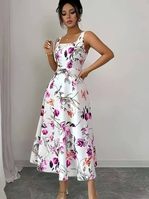elegant directional womens floral print sleeveless square neck a line long dress suitable for vacation travel parties and daily wear