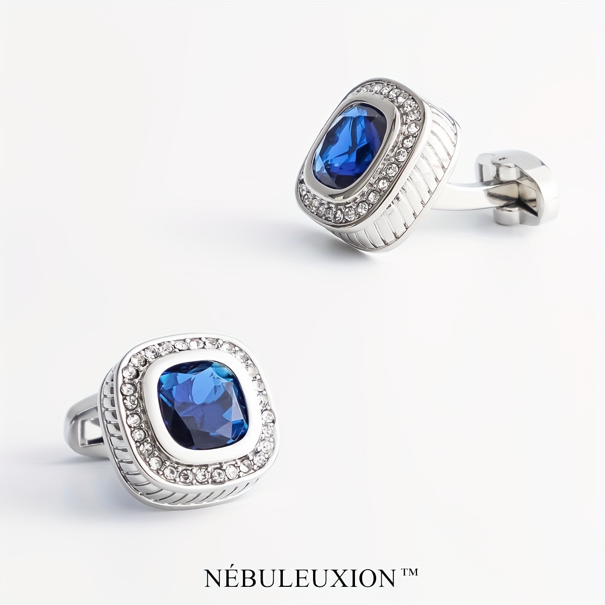 

2pcs Nébuleuxion Premium Argent Cufflinks Set With Blue Gemstone & Crystal Halo - Cufflinks For Weddings, Banquets, Ceremonies, Business | Ideal Gift