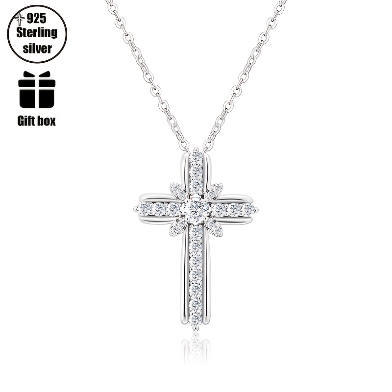 Image of 925 Silver Women's Pendant Necklace, Cross, Crossover Necklace, Sparkling Luxury, Fashionable And Elegant, Hypoallergenic, High-end , For Her, Christmas, Valentine's Day, Gift Box Packaging
