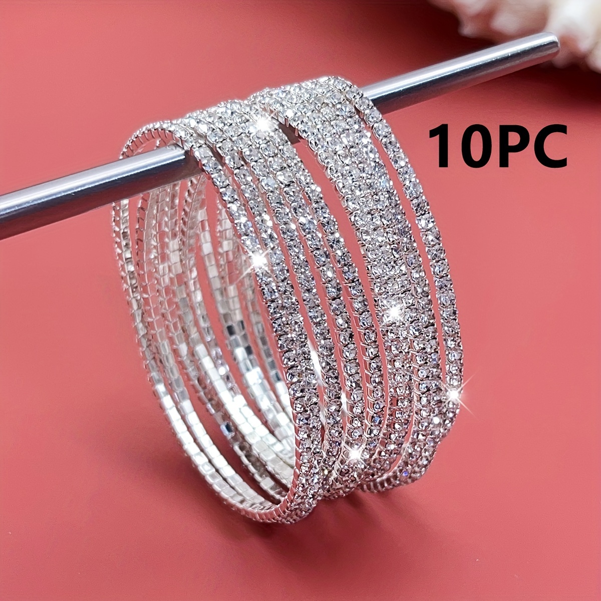 TEMU 10/20pcs Of 2mm Rhinestones Women's Elastic Bracelets, Shiny Stackable Tennis Fashion Bracelets For Women