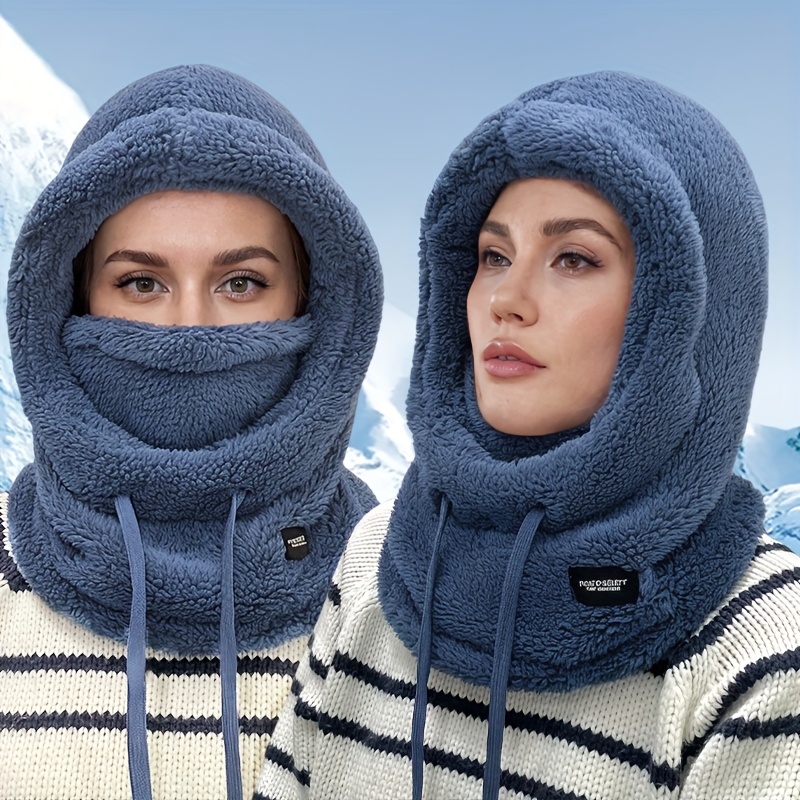 Women's Plush Winter Mask Hat & Scarf - One-Piece Face Cover with Adjustable Drawstring, Elastic Face for Skiing, Cycling, Outdoor Sports - Lightweight Warm Beige/White Hooded Neck Warmer (Hand Wash Only)