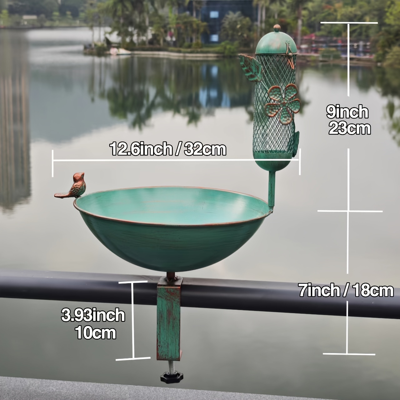 Image of Versatile Balcony Bird Feeding Station With Bird Bath And Mesh Bird Feeder - Perfect For Deck Railings, Attracting Birds, And Beautifying Outdoor Spaces