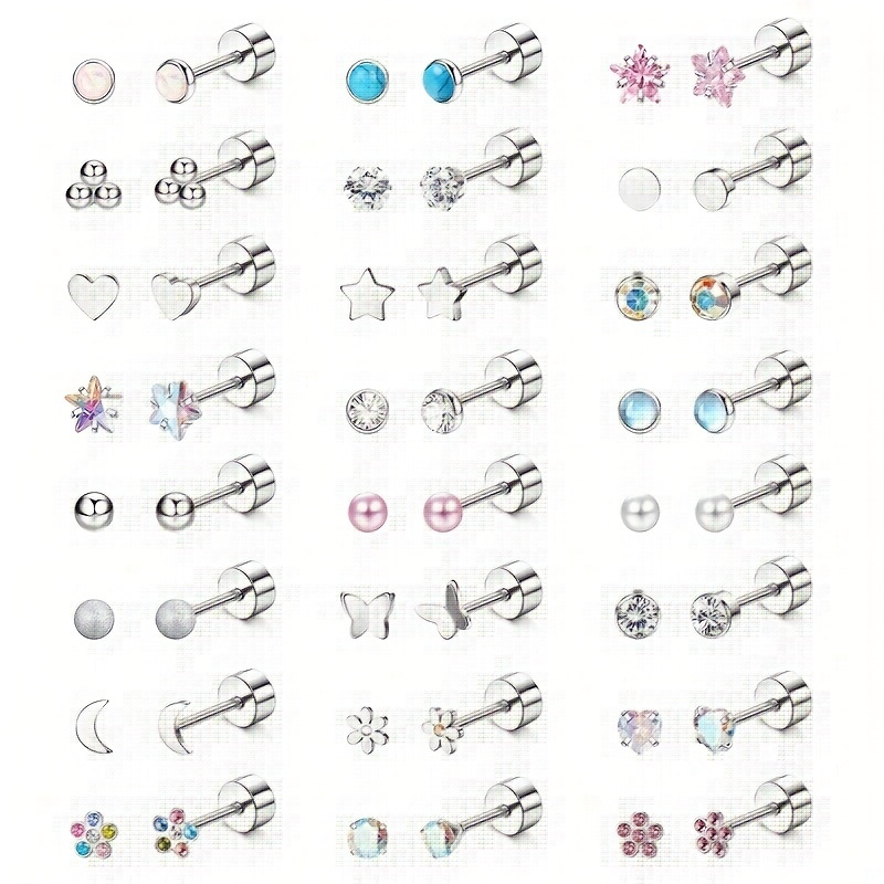Image of 24 Pairs Ladies' Screw-in Earrings/studs, Surgical Stainless Steel Hypoallergenic Cartilage Ear Studs, Small Cz Screw-in Flat Back Stud Earring Set, Piercing Jewelry, Multi-colored., For Teenager