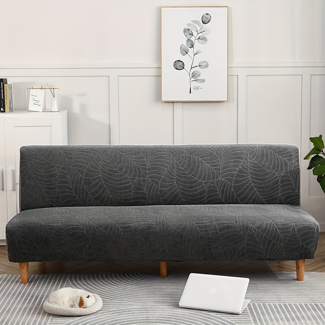 1pc Large Tree Leaf Texture Jacquard Sofa Bed Cover, Non-slip Elastic Spandex Sofa Bed Protection Cover, Suitable For Home, Living Room, Hotel