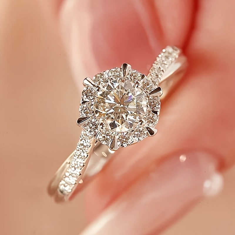 6 Prong Round CZ Women's Engagement Ring, Copper Base, April Birthstone