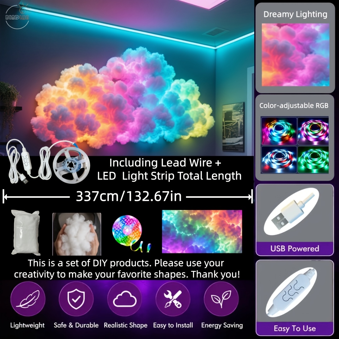 TEMU Thunder Cloud Light, Festival Ambient Light, Music Sync Rgb Color Changing, Usb Powered, Suitable For Living Room, Bedroom, Game Background And