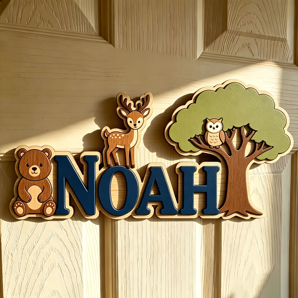 TEMU Collectible Figurines Personalized 3d Wooden Nameplate, Custom Baby Nameplate With Bear, Deer, Owl, And , Forest Theme Nursery Wall Decor, Room
