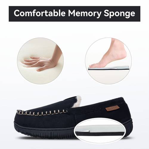 mens memory foam slip on slippers with anti slip tpr sole indoor outdoor house shoes breathable fabric upper plush lining brown moccasin design for home casual slippers