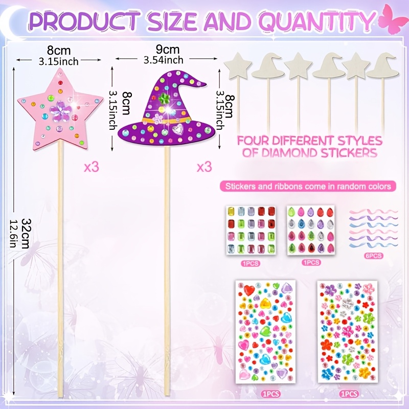 TEMU 16pcs Multi-item Party Favor Packs Set, Including 3pcs Unfinished Star Wooden Crafts, 3pcs Witch Hat Sticks And 4pcs Gem Stickers, 6pcs Ribbons,