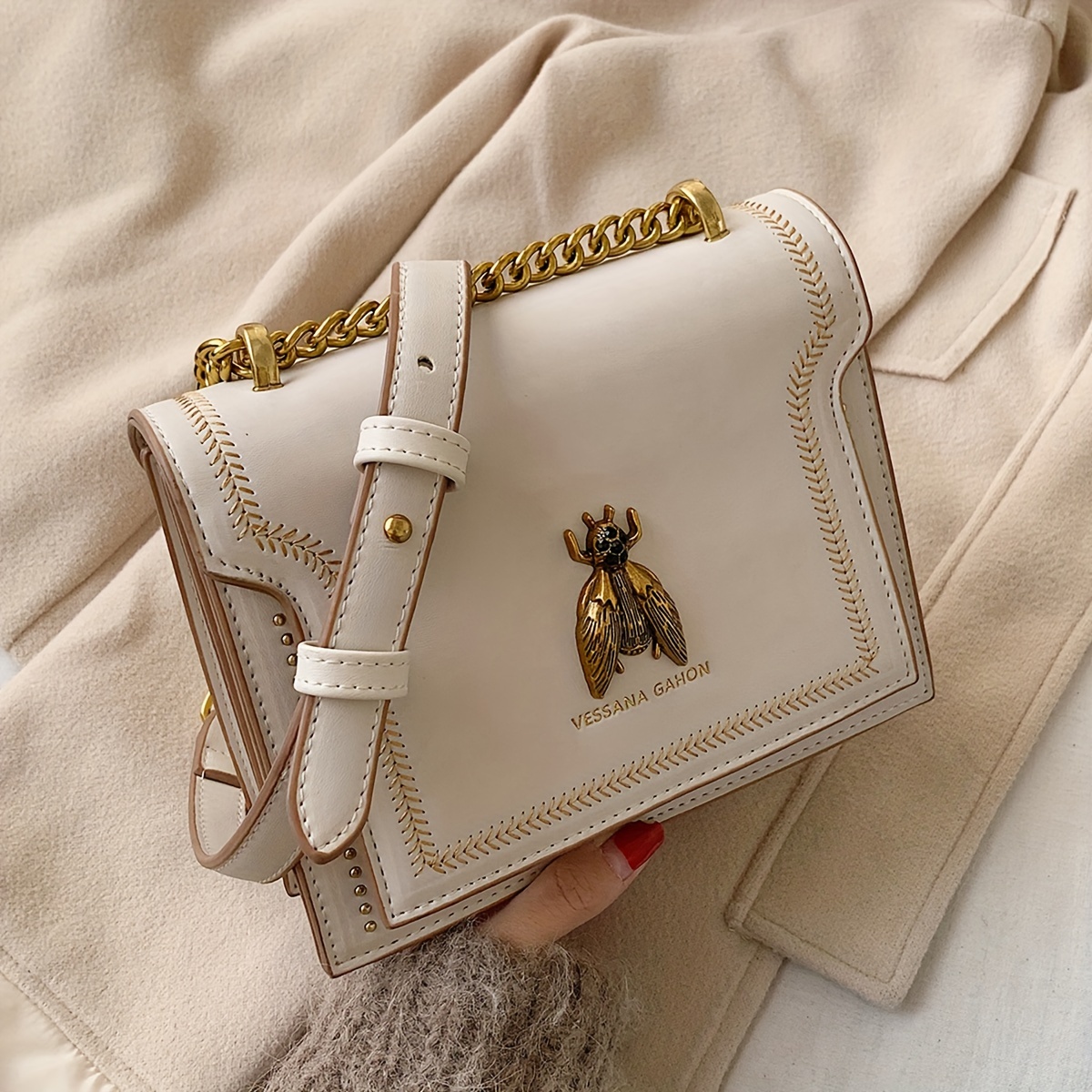 TEMU Vintage Bee Decor Crossbody Bag, Women's Chain Shoulder Bag, Rivets Decor Flap Square Purse