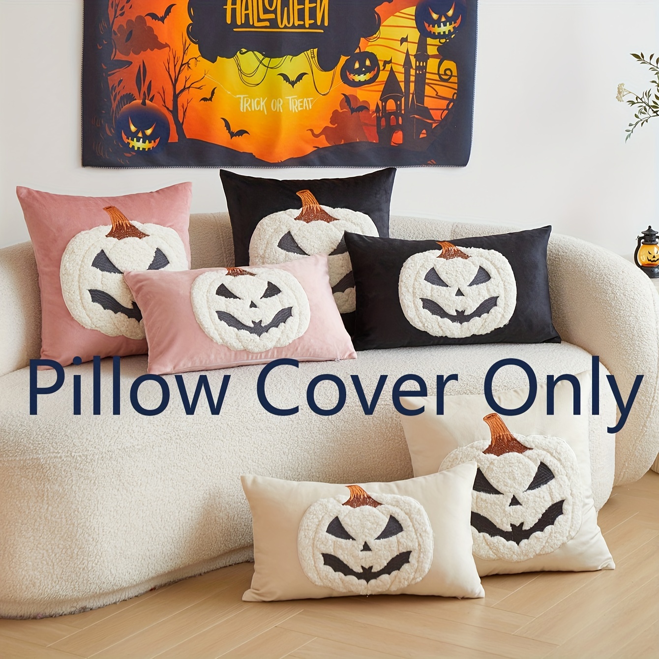 

Vintage Halloween Pumpkin Embroidery Throw Pillow Cover, 17x17 Inch, Decorative Cushion Case With Zipper Closure, Spot Clean, Polyester, For Home Decor, Party, Various Room Types - 1 Piece