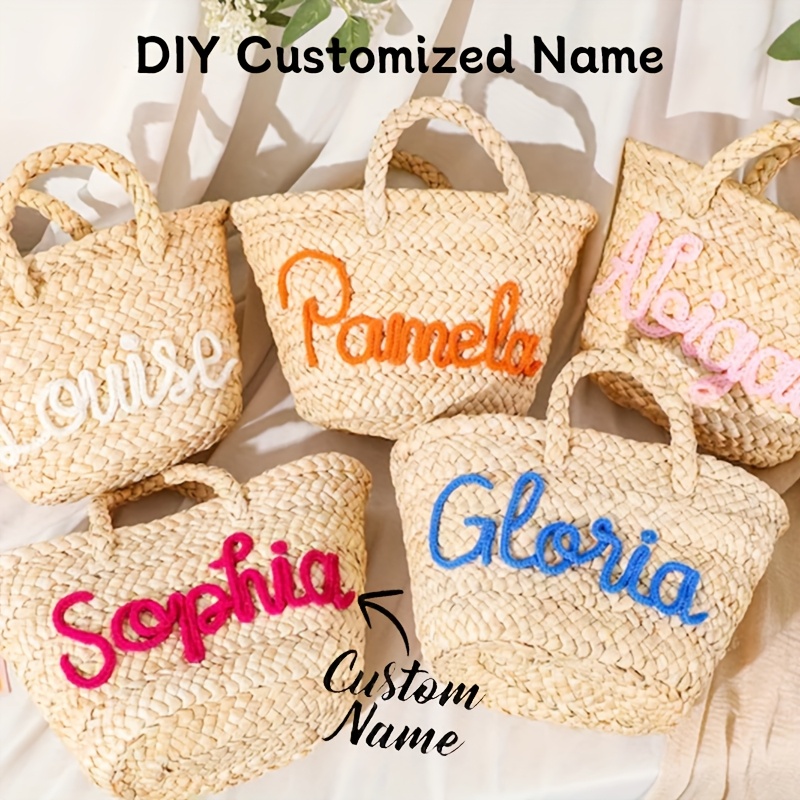 personalized woven straw handbag women custom name design Temu