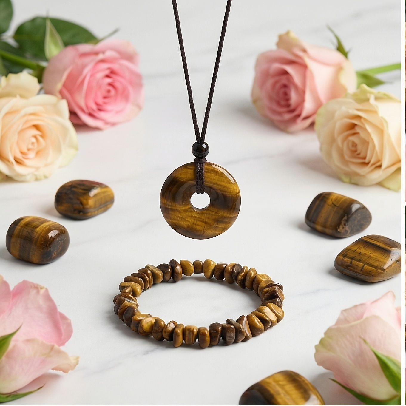 3pcs Natural Tiger's Eye Stone Protection Necklace & Crushed Stone Bracelet Suitable for Women's Bohemian Jewelry Gift Box Set, Courage Wealth Attraction Stone Jewelry for Weddings, Parties, Daily Wear - Gift for Girlfriend, Best Friend, Year-Round