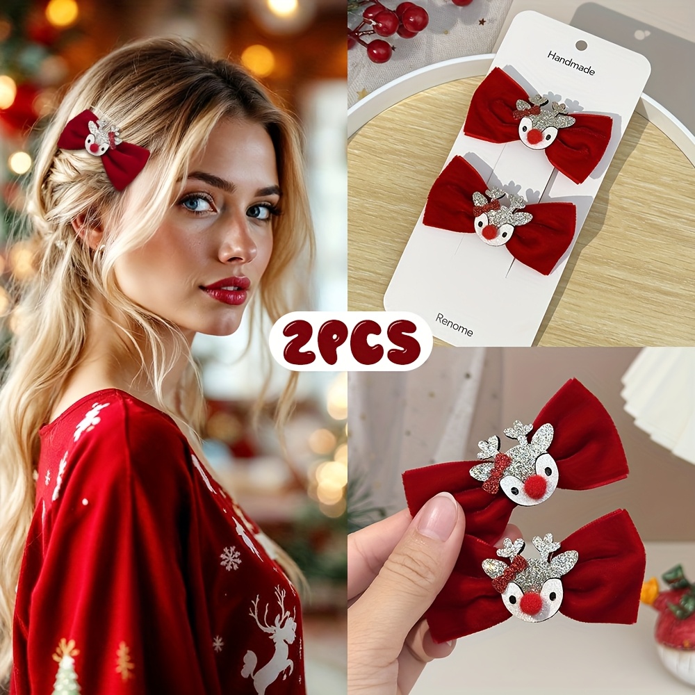 Image of 2pcs Red Velvet Bow Hair Clips For Christmas Party Glitter Reindeer Decor Bow Hair Barrettes For Gifts Elegant Hair Bow Additions For Xmas Party