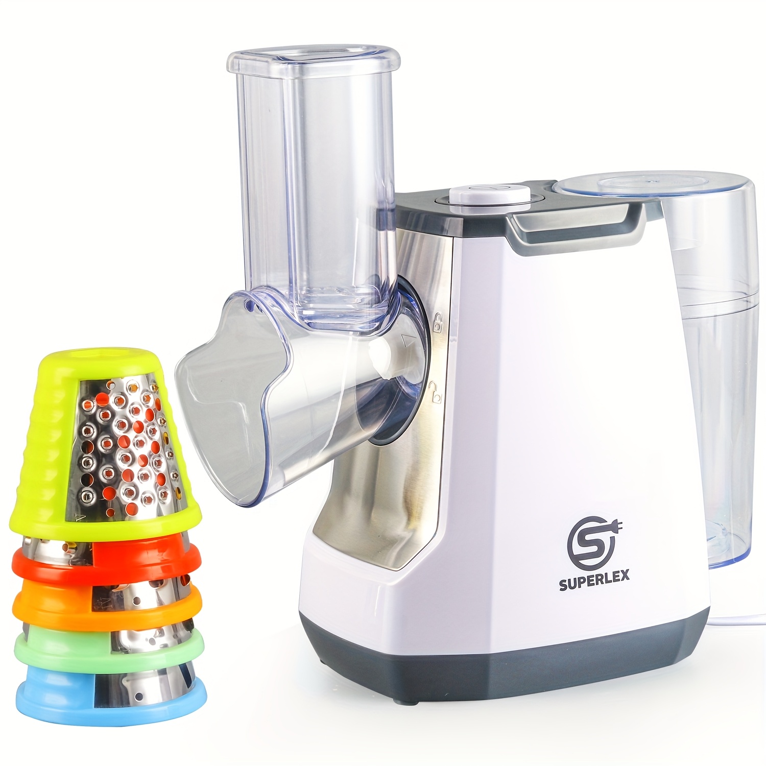 E-shop SUPERLEX Elektrischer Reibe Salatmaschine, Elektrischer Gemüseschneider mit 5 austauschbaren Trommelklingen, Käseschaber für Obst und Gemüse