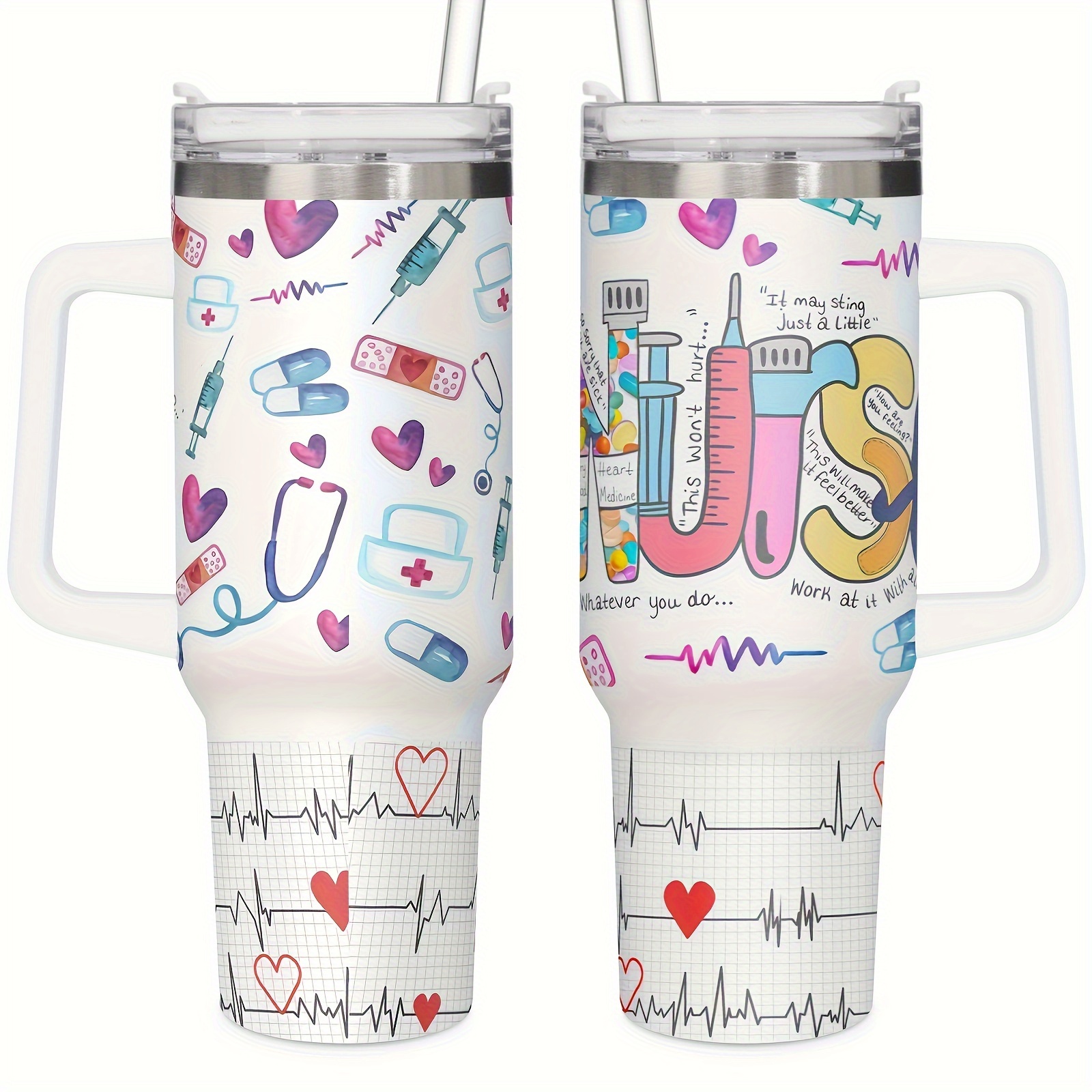 

1pc 40oz Insulated Stainless Steel Tumbler With Stethoscope Design, Coffee Travel Mug With Lid And Straw, Nurse Themed Drinkware, Outdoor Camping