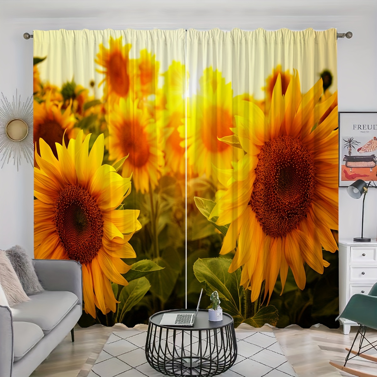

2pcs, Sunflower Curtains, Rod Pocket Curtain Suitable For Restaurants, Public Places, Living Rooms, Bedrooms, Offices, Study Rooms, Home Decoration
