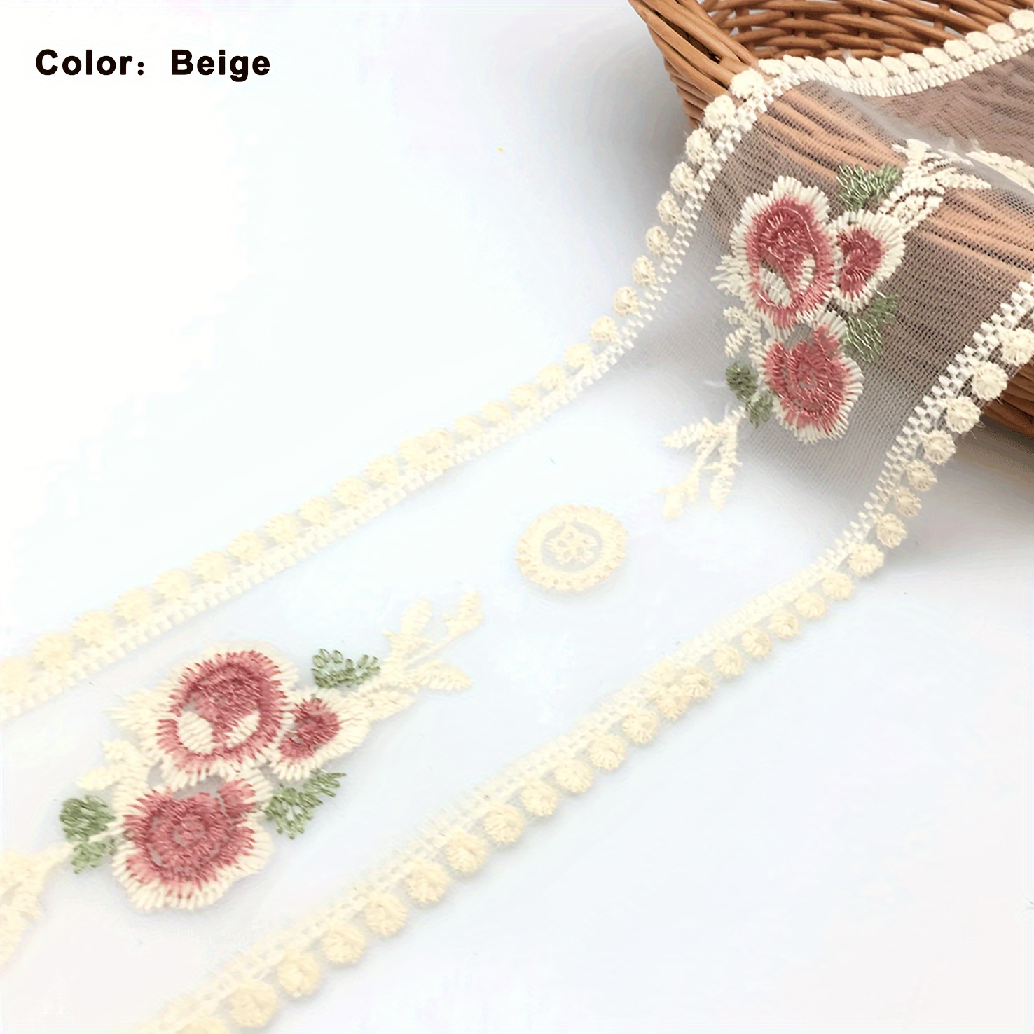 TEMU 2メートルのピンクの花刺繍入りベージュのレーストリムクラフトフラワーポリエステルレース生地リケ装飾レースリボン