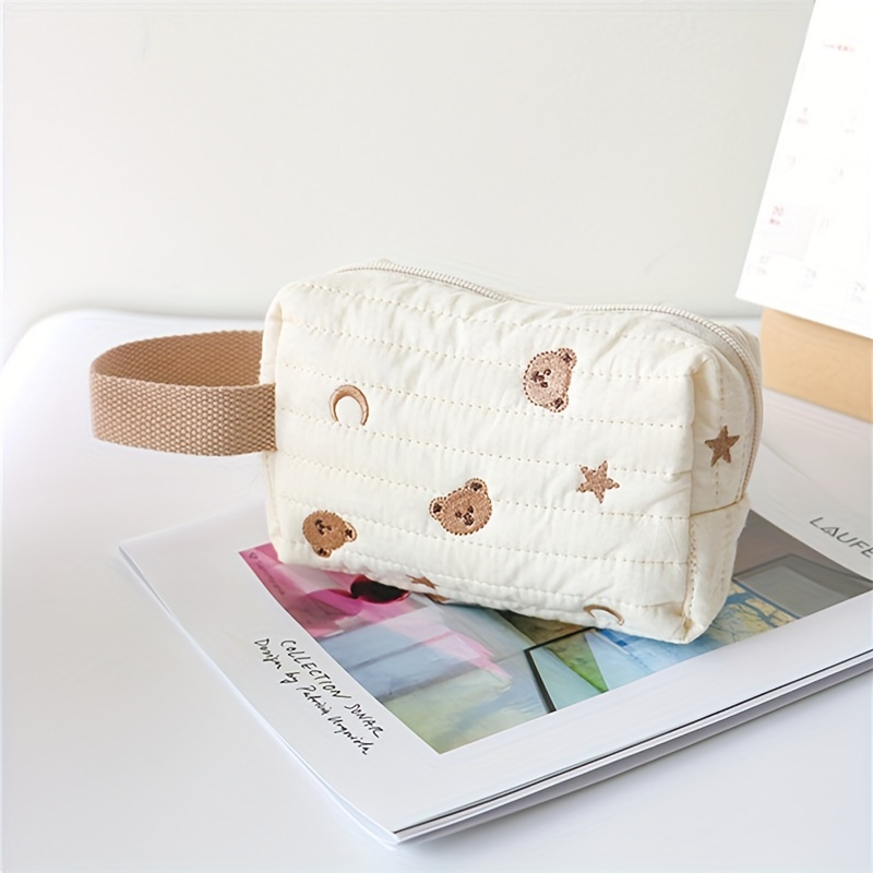 

Embroidered Cute Bear Moon & Stars Cosmetic Bag, Portable Travel Pouch With Handle, Small Makeup Organizer Storage Bag