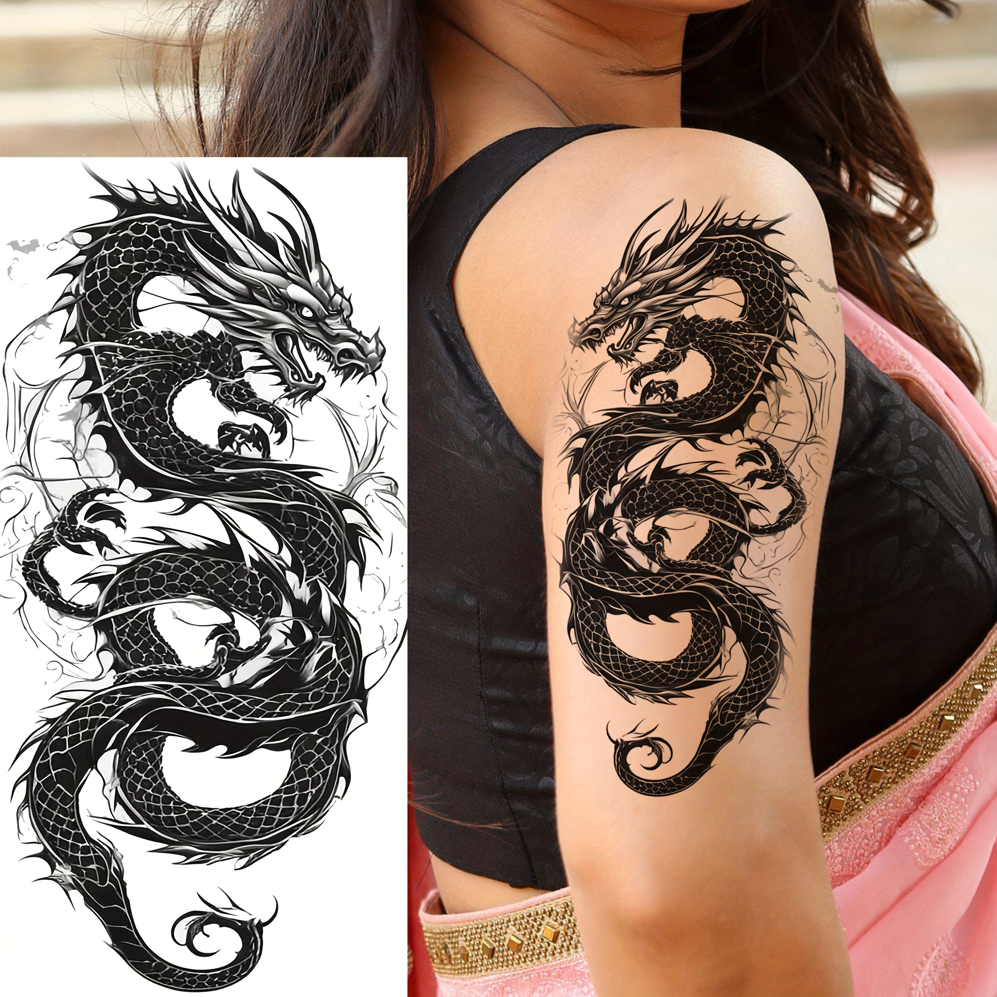 Temporäres Drachen-Tattoo – 1 Blatt Schwarzes Fake-Tattoo Für Festivals, Partys Oder Einfach So