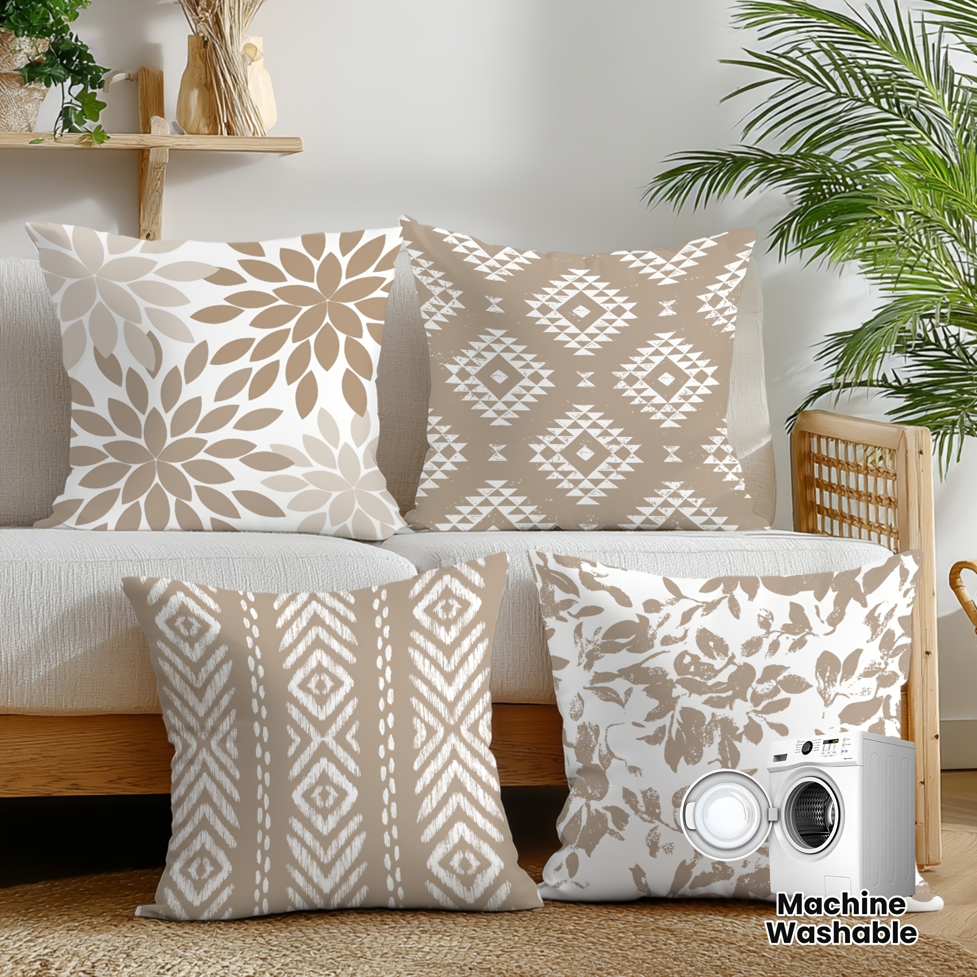 TEMU 4 fundas de almohada con geométrico bohemio | Marrón, cierre de cremallera, aptas para y dormitorio, lavables a máquina (no incluyen el relleno