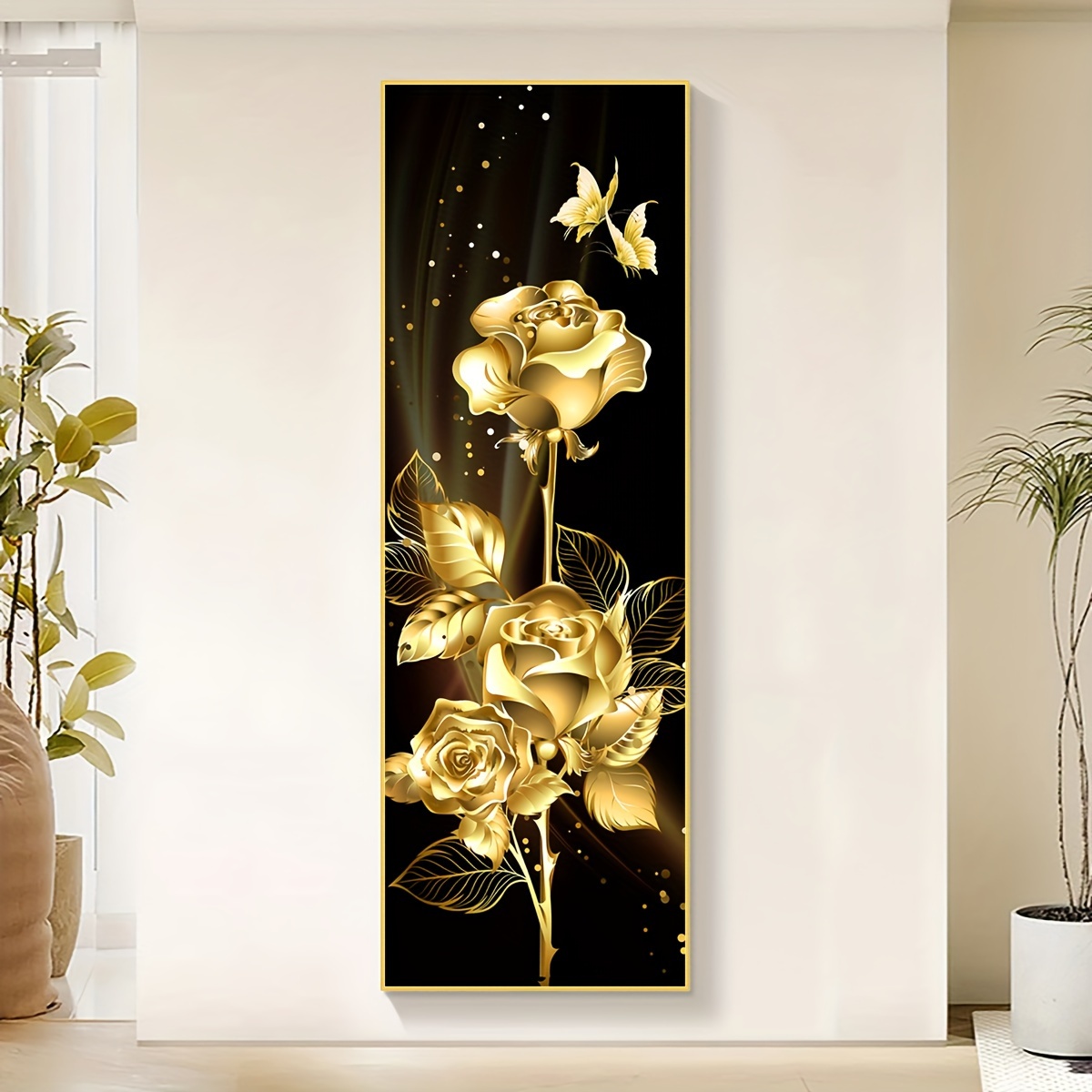 TEMU sur Toile de Roses Dorées et Papillons - Affiche en Tissu Imperméable et Inodore pour Salon, Chambre, Bureau, Bar - Décoration Maison , Cadeau