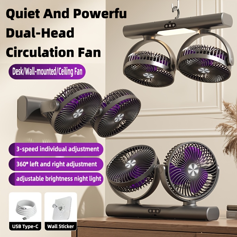 Portable Desktop Double-headed Three- Circulation Fan, Usb Charging Desktop Fan, Household Wall-mounted Fan, 3- Of , Multi-angle , Night Light, Suitable For Camping, Home And Office