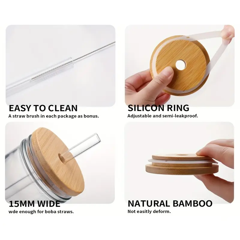 4pcs lidded glasses with wooden and sealed lids smoothie glasses with straws boba mason jar wide mouth reusable drinking cups iced coffee mugs kitchen drinkware water bottles Product details 0