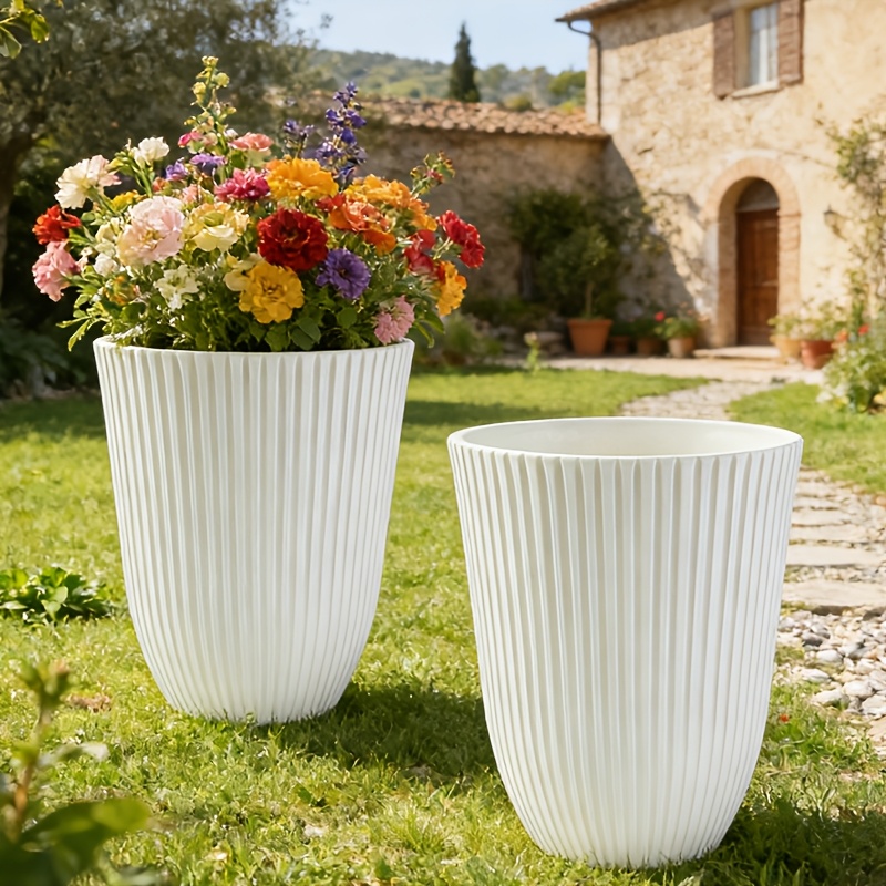 TEMU 2pcs-11 Inch Heavy-duty Resin Planter/flower Pots - Minimalist White Vertical (indoor/outdoor Succulent & Greenery Planter) Gardening Gift,home