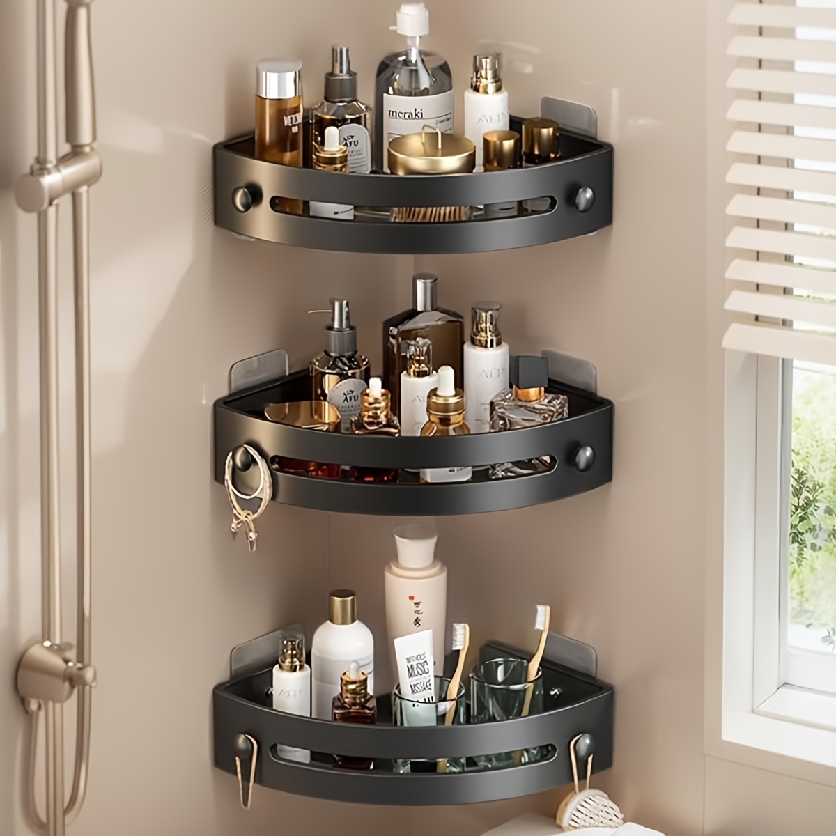 

3-tier Corner Shelf For The Bathroom Shower Organizer, Suitable For Kitchen And Toilet, No Drilling Required, 3-tier Bathroom Corner Rack For Shower Room (black)