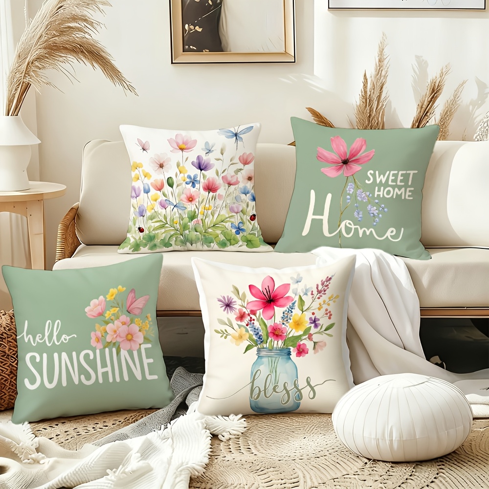 E-shop 4er-Set Kissenbezüge im frischen, pastoralen Stil für Zuhause, inspiriert vom Frühlingsgarten, mit Elementen von Blumen, Insekten und heilsamen
