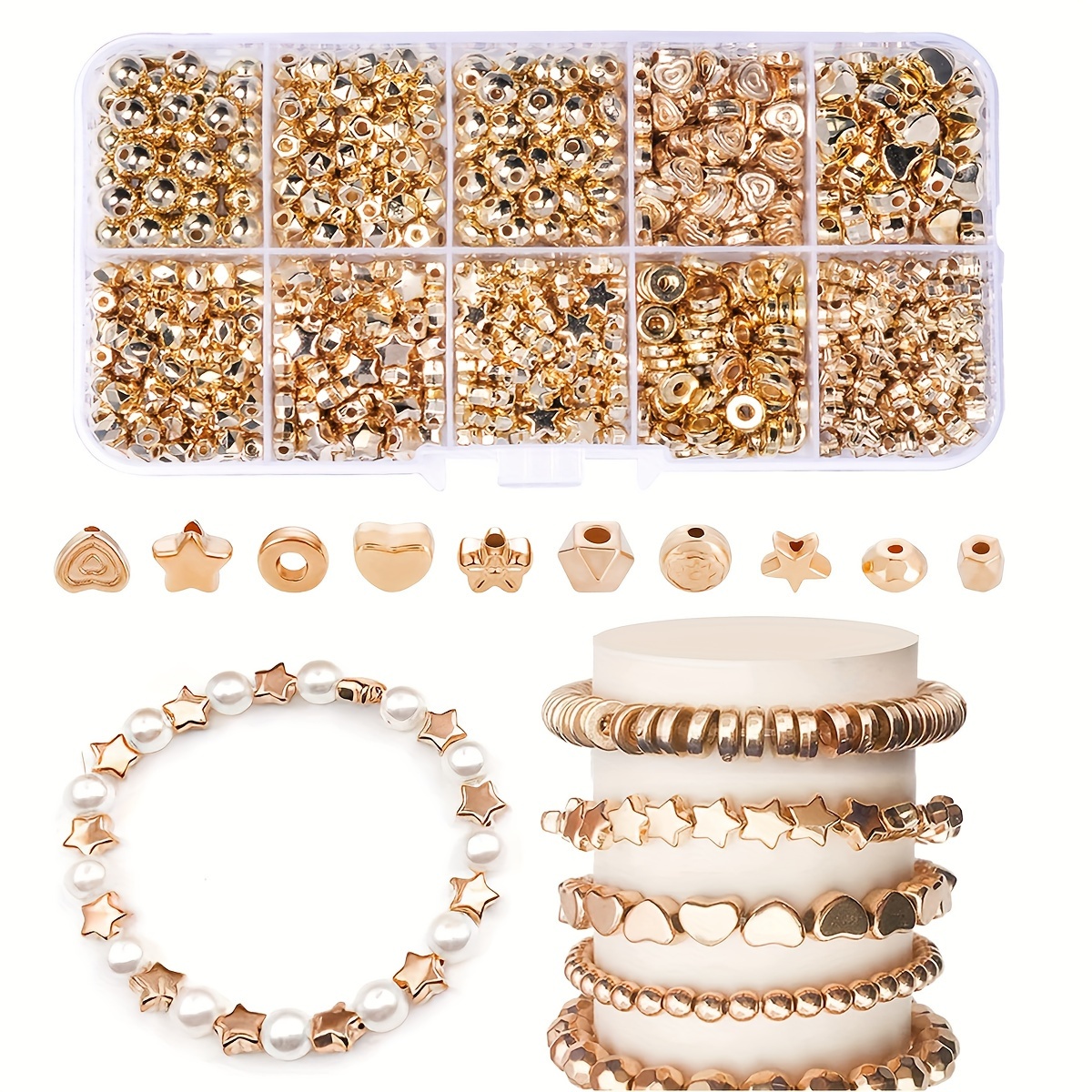 

1box Ccb Beads Making Kit, 500pcs Golden Round Spacer Beads Smooth Loose Ball Beads For Diy Bracelet Jewelry Craft