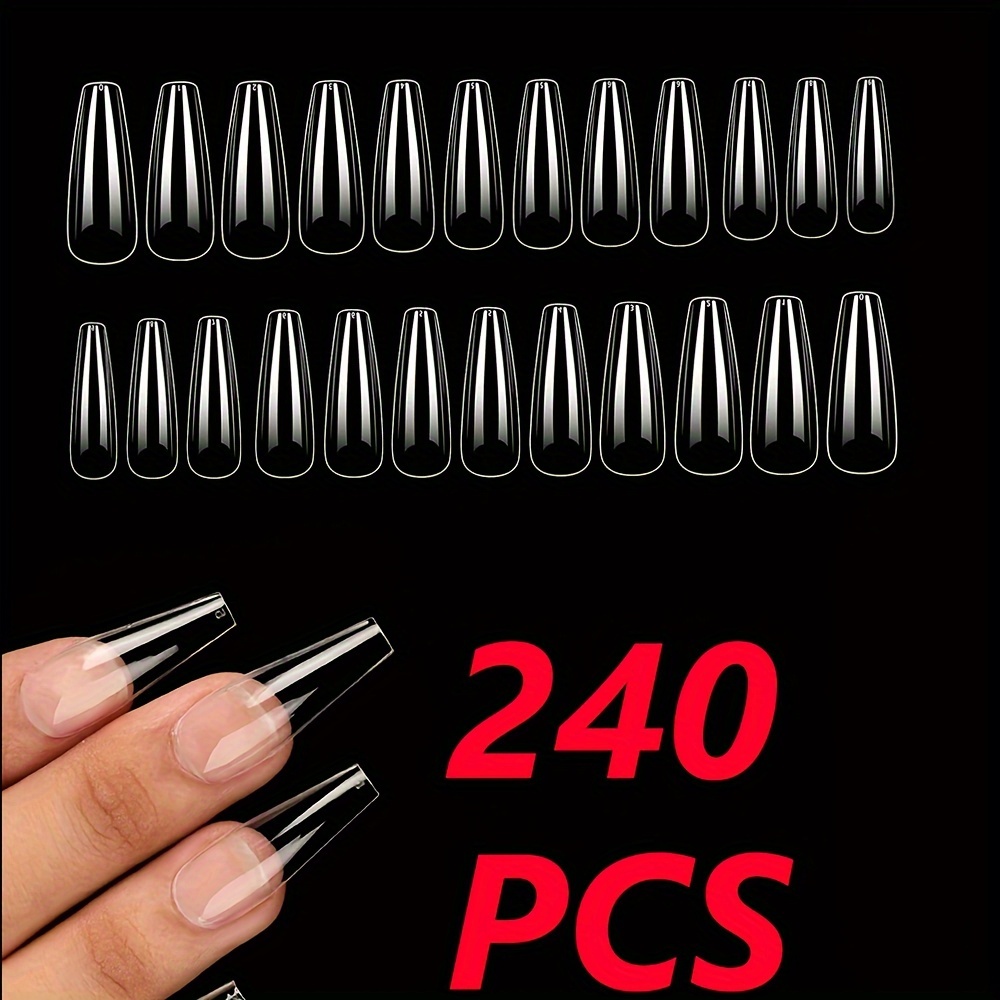 

240 Pcs Transparent Ballet Coffin Nail Tips - Middle Length Acrylic False Nails - Pre-shaped Full Cover Ballet Nails For Diy Nail Art Salon - Glossy Pure Color Gel Nail Extensions In 12 Sizes