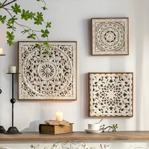 handcrafted mandala wall art intricately carved wooden panel for home decor living room bedroom white
