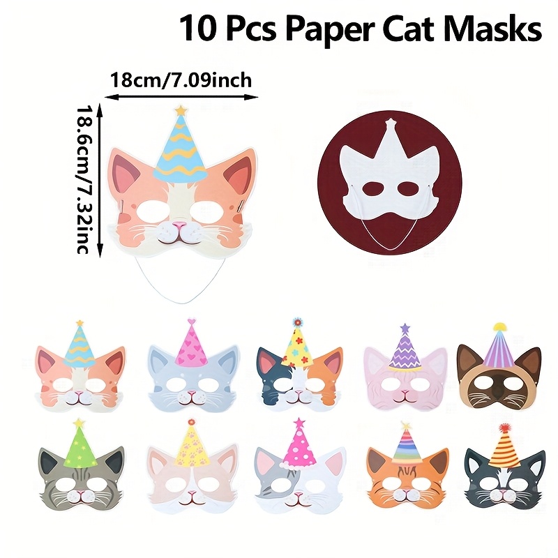 TEMU 10pcs, Cat Paper Masks, Cat Paper Birthday Party Masks, Decorative Paper Animal Face Masks, Birthday Supplies, Photo Booth Props, Birthday