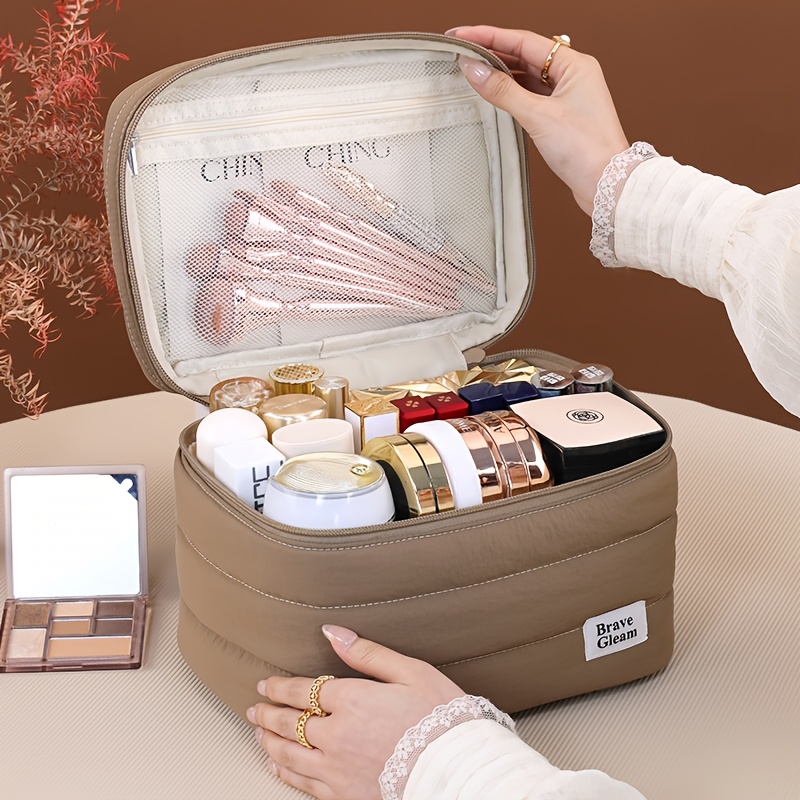 TEMU Soft Large-capacity Cosmetic Bag With Handle, Double-zipper Makeup Storage Case, Multi-compartment Travel Toiletry Organizer, Suitable For Daily